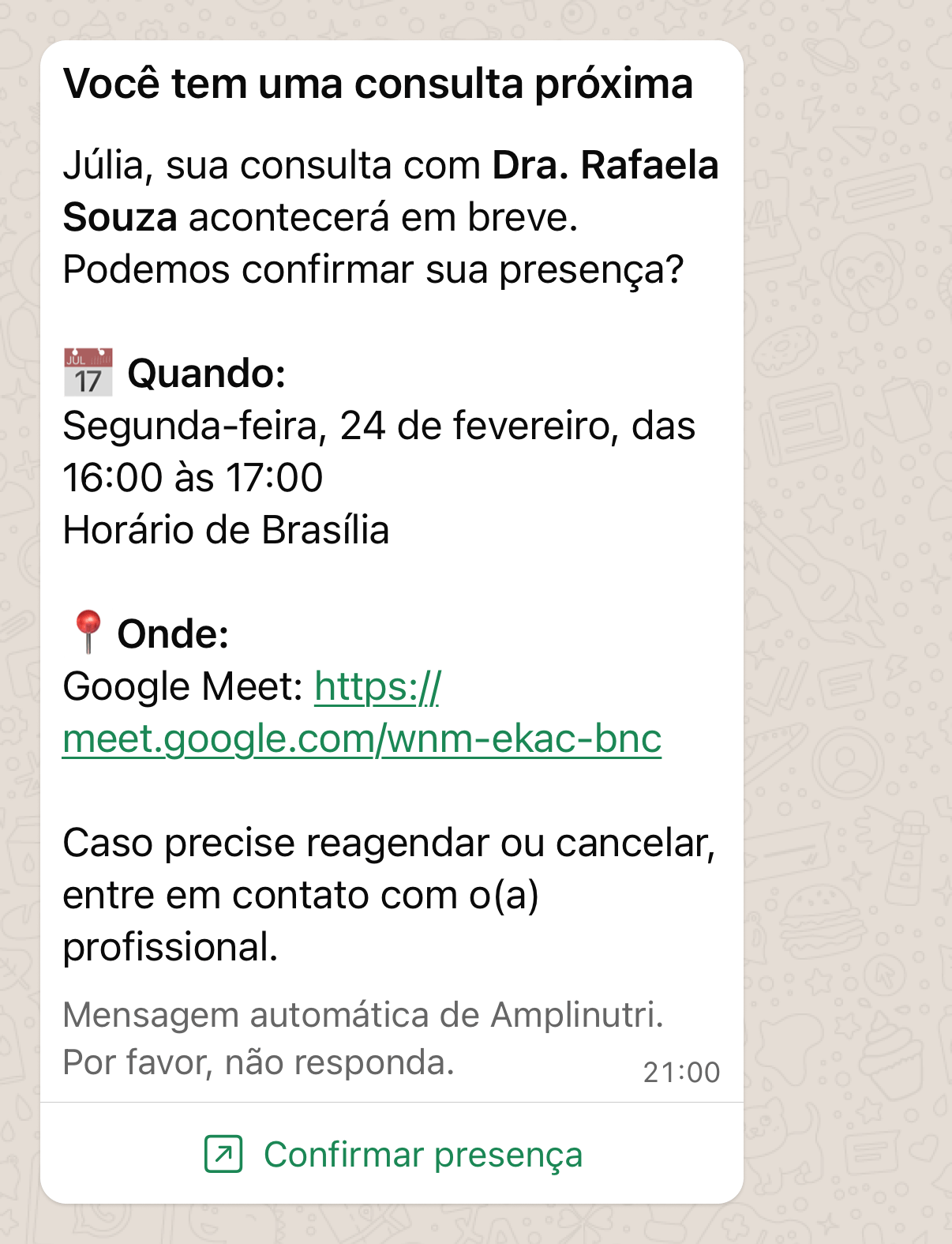 Captura de tela de uma mensagem de lembrete de consulta no WhatsApp