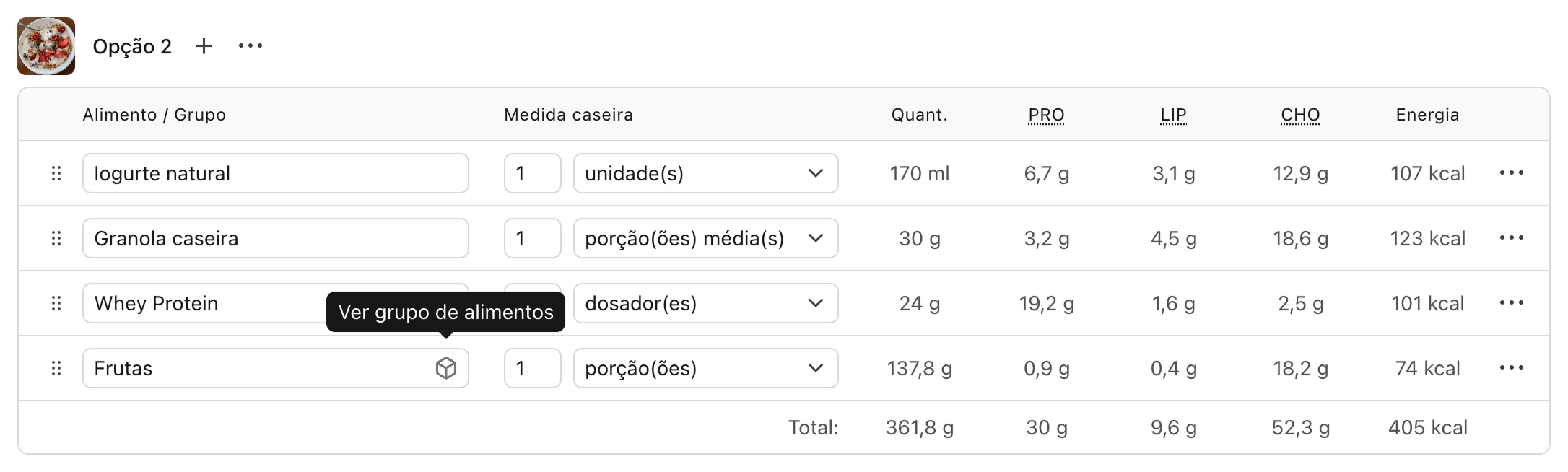 Captura de tela de uma refeição com grupos de alimentos