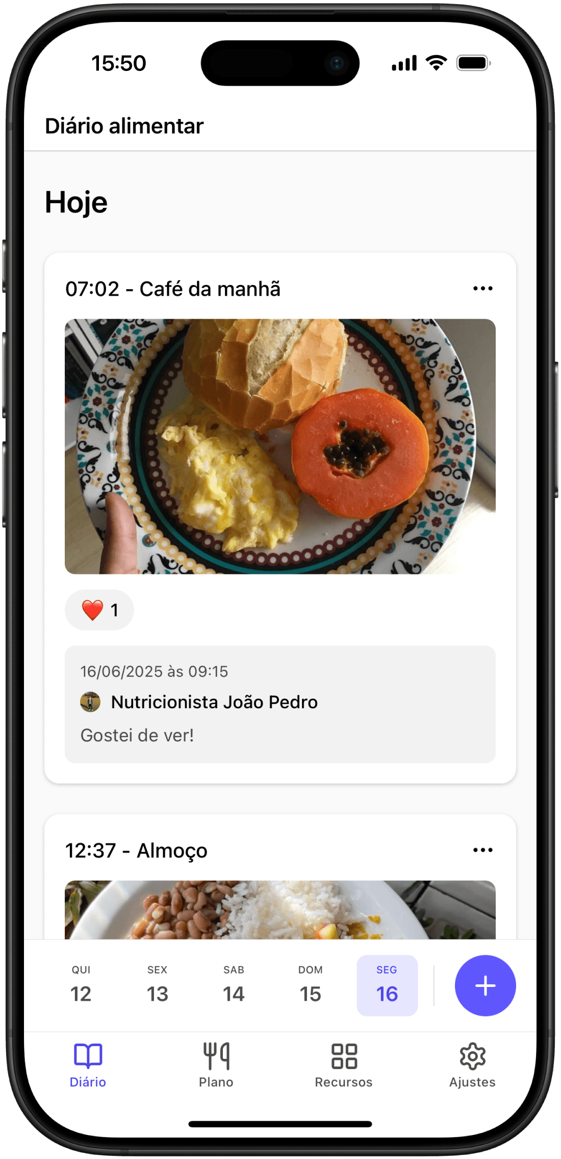 Captura de tela da aba de diário alimentar do aplicativo do paciente