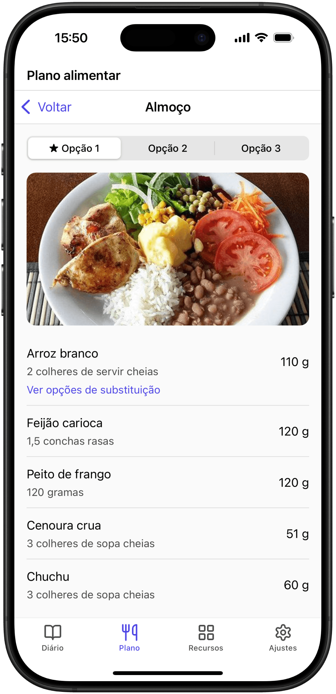 Captura de tela da aba de plano alimentar do aplicativo do paciente