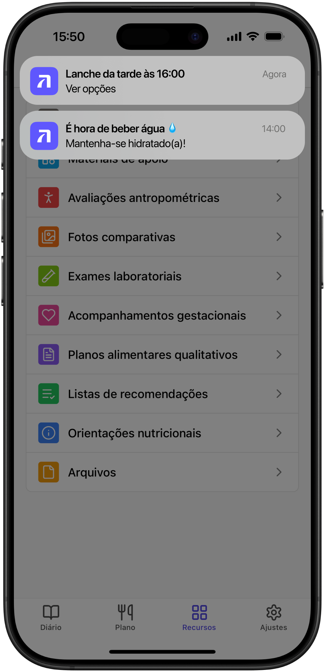 Captura de tela da aba de recursos do aplicativo do paciente