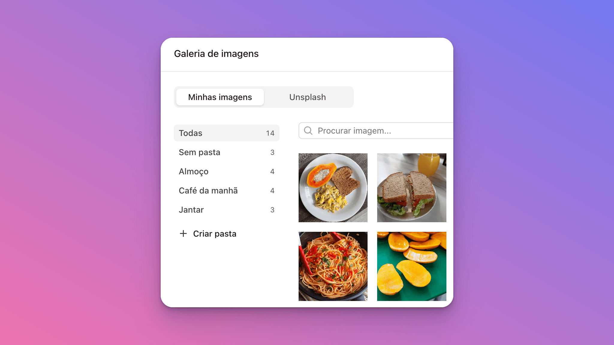 Organize as imagens das refeições em pastas